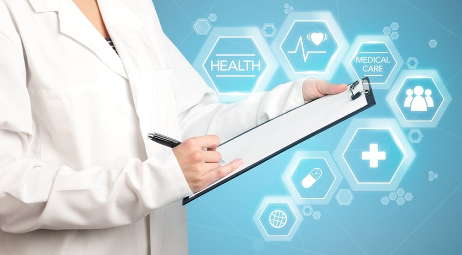 doctor holding notepad with blue background and floating health data
